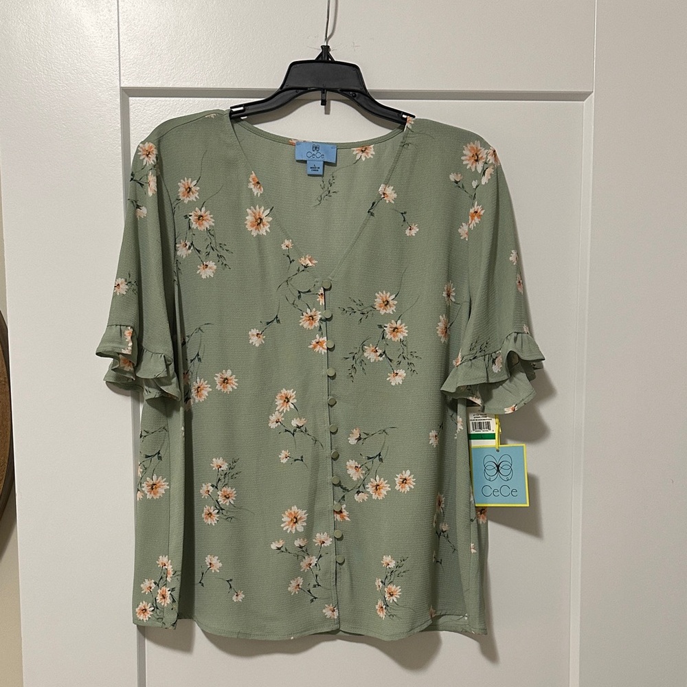 CeCe Sage Floral Ruffle Sleeve Blouse